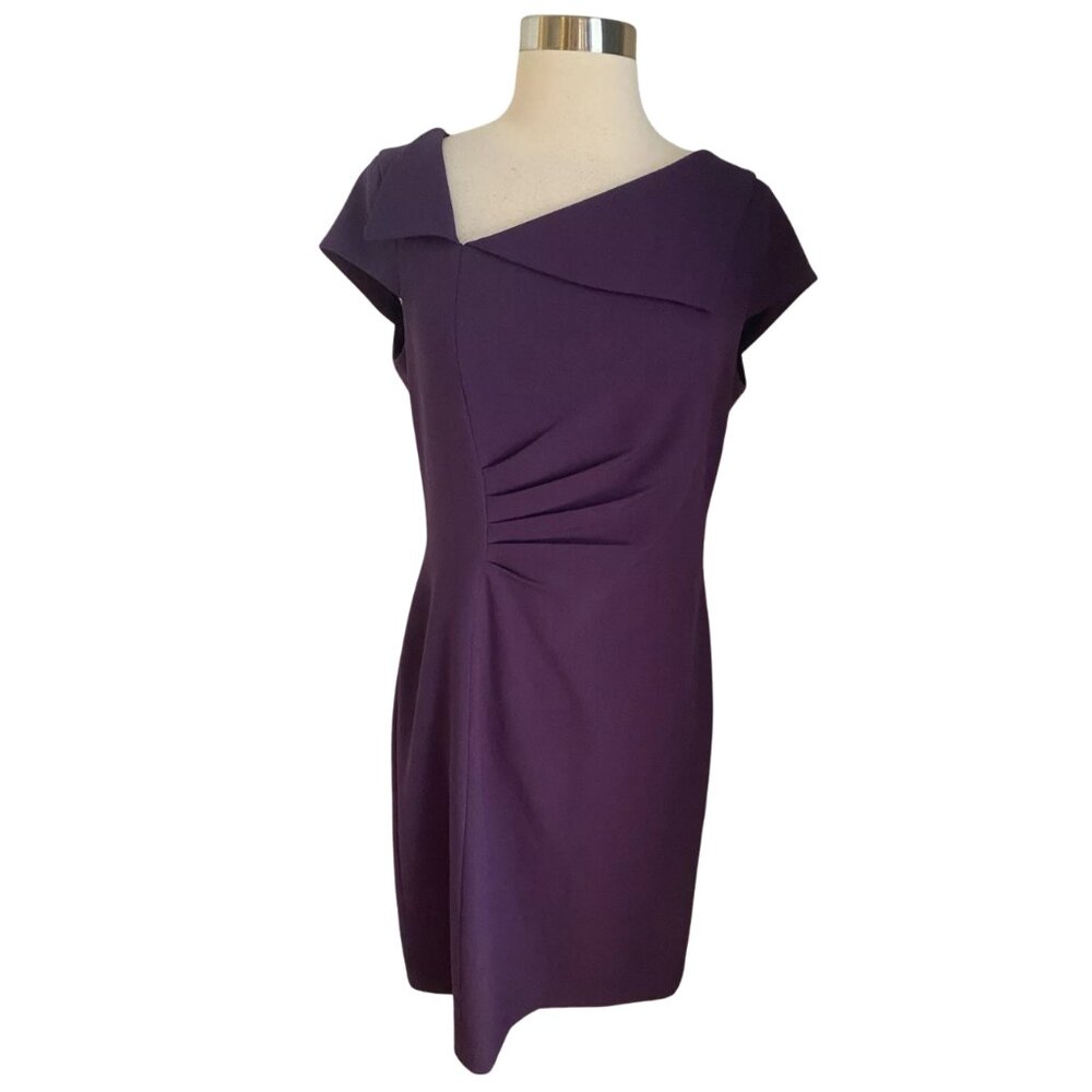 Tahari ASL Purple (Eggplant) Sheath Dress w/ Asymmetric Neck Cap Sleeves, Size 6